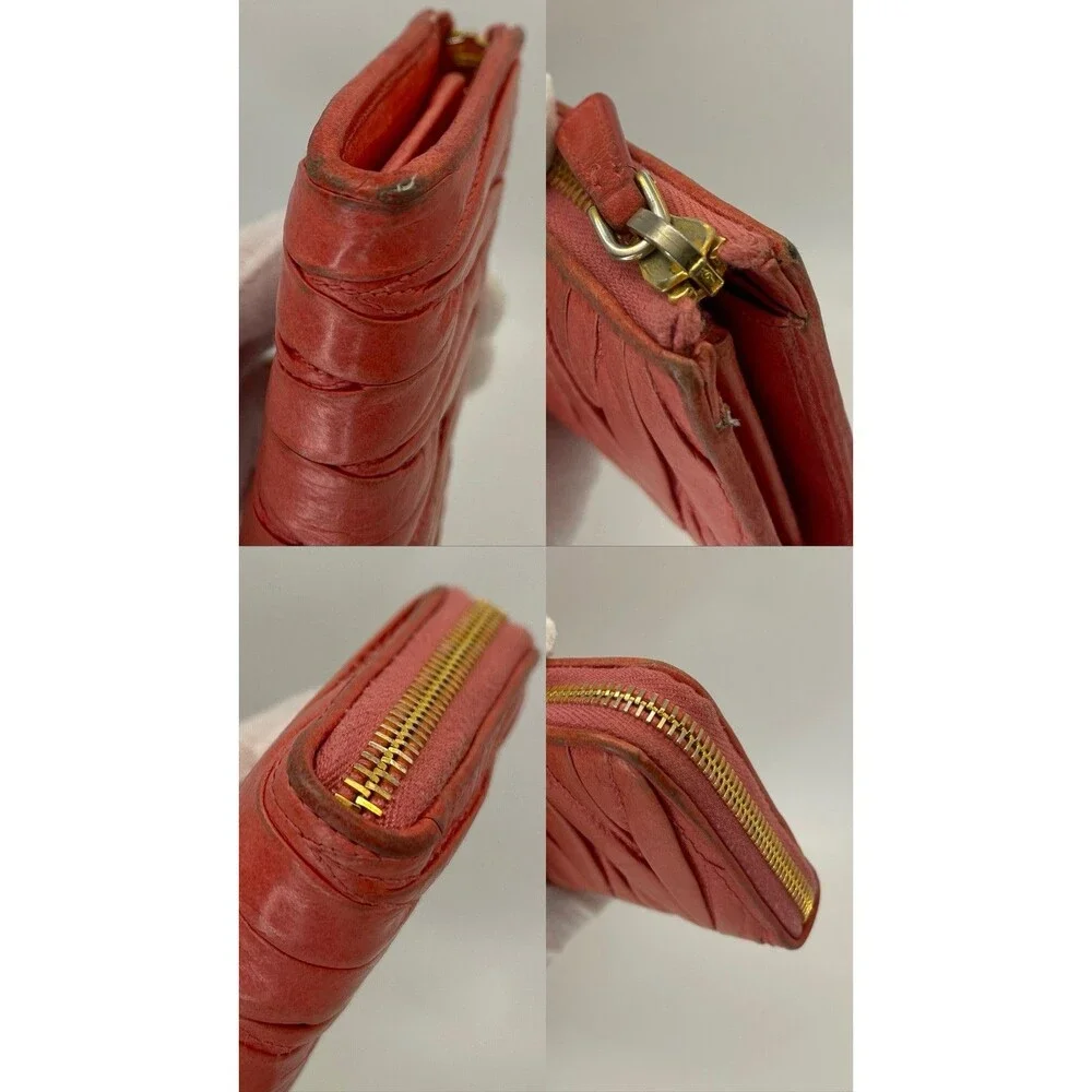 Authentic MIU MIU Logo Gather Leather Zip Around Long Wallet Pink/111